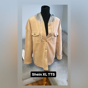 Tan Corduroy Shacket with grey hood
